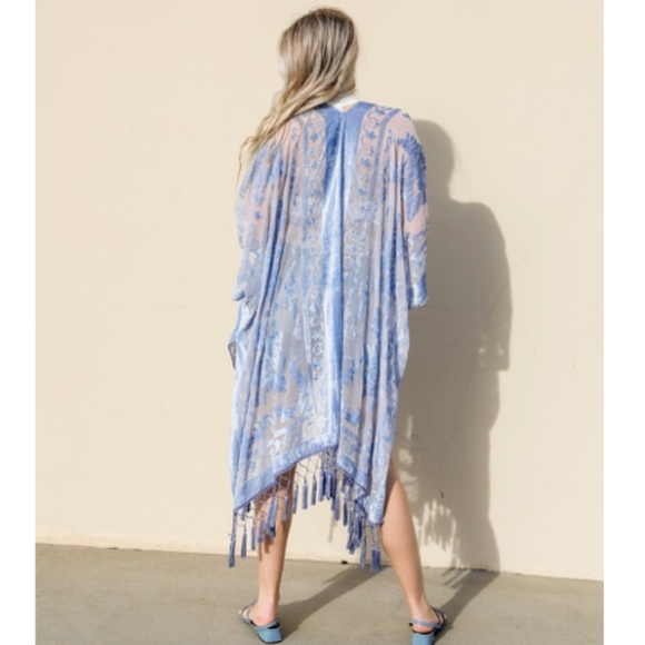 Periwinkle Floral Velvet Burnout Tassel Kimono Open Wrap Coverup Top One Size - Picture 3 of 4